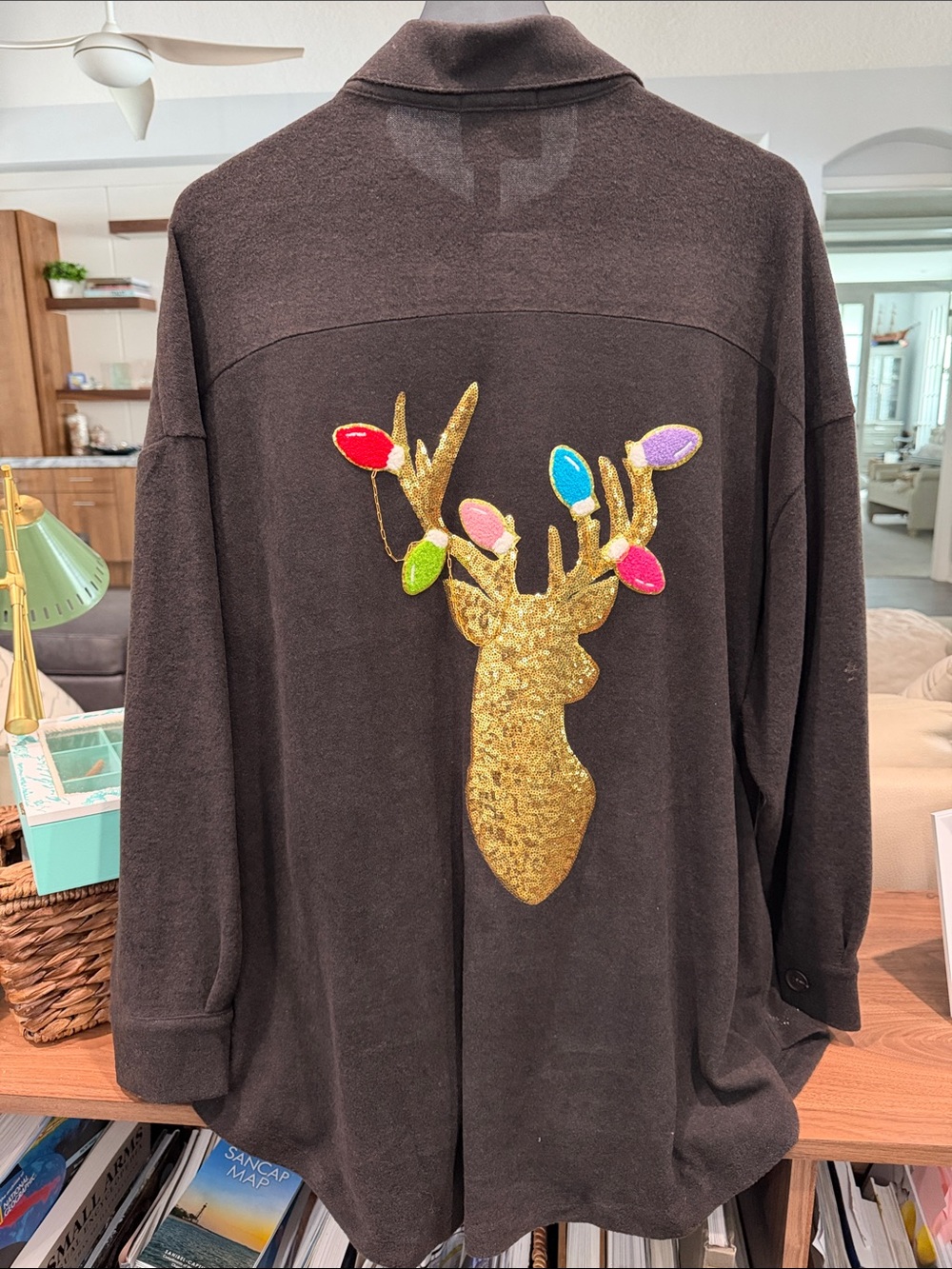 Judith March Black shacket with Gold Sequin Reindeer and Multicolor Bulbs